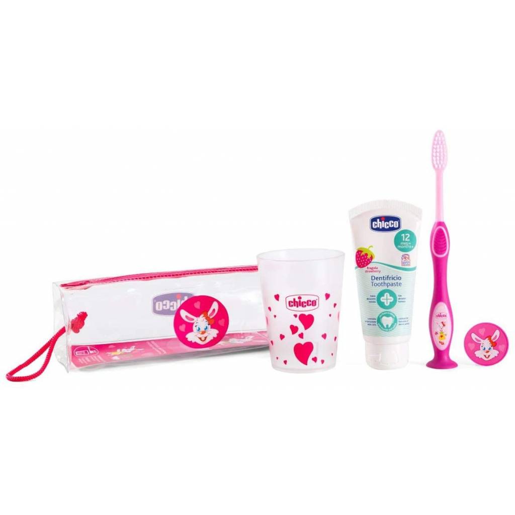 SET CUIDADO ORAL CEPILLO - VASO + PASTA + ESTUCHE ROSADO Cambio y Baño  Cuidado oral